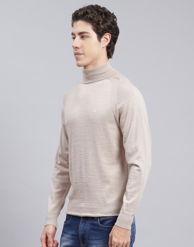 MONTE CARLO Mens Solid Beige High Neck Full Sleeve Pullover