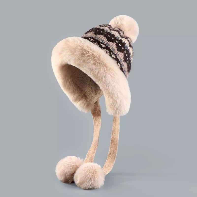 Knitted autumn and winter fleece thickened warm children's winter hairball ear protection wool hat big head circumference plush hat