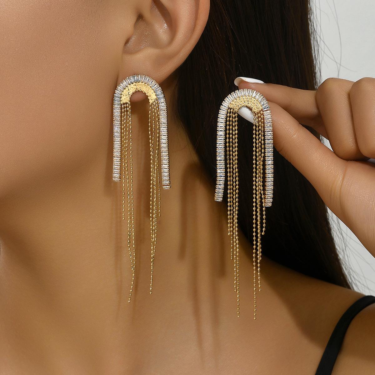 Женские серьги с геометрическим цирконом и длинной кисточкой, преувеличенные серьги, персонализированные серьги-гвоздики