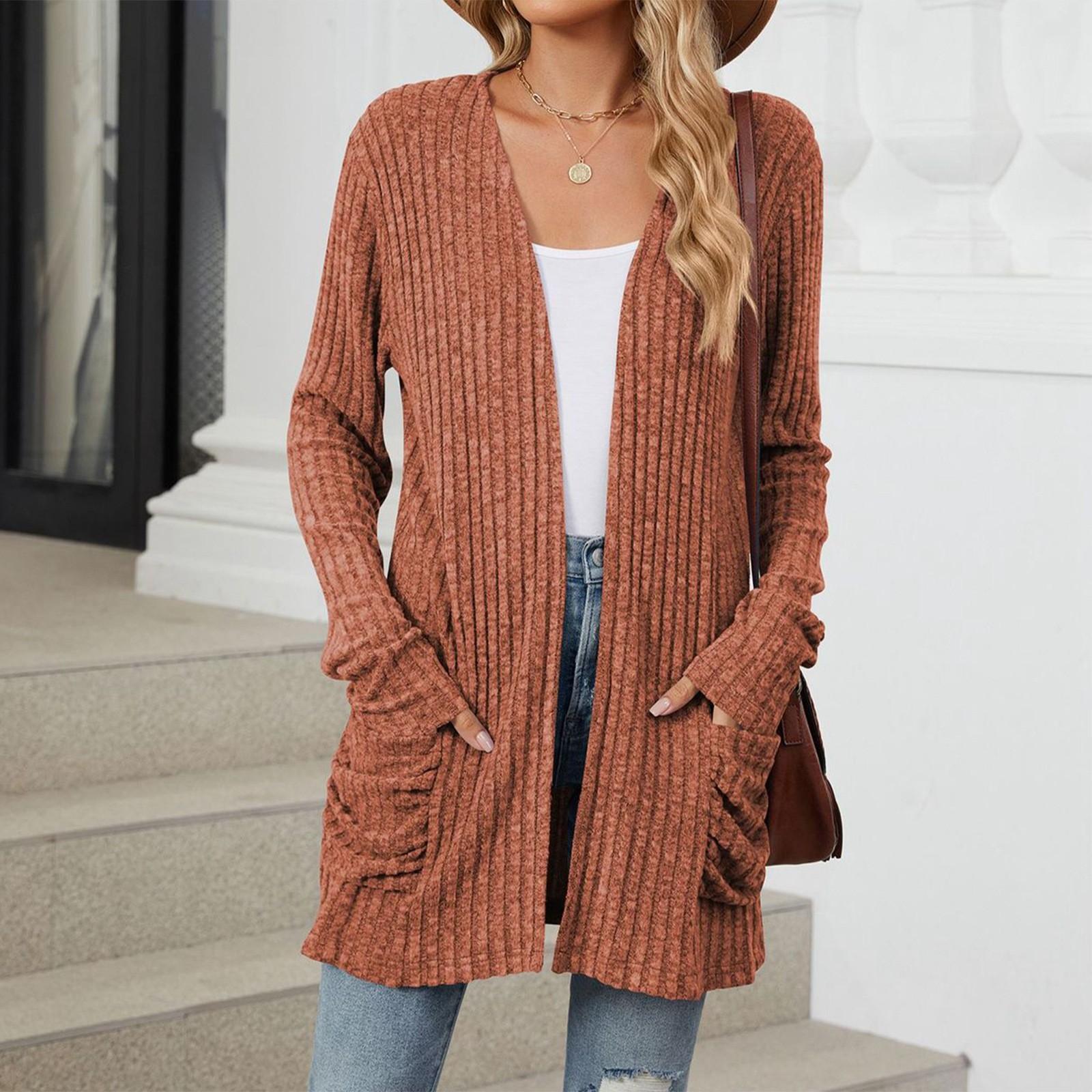 

Женская модная повседневная однотонная куртка-кардиган с карманами и длинными рукавами XL киноварь