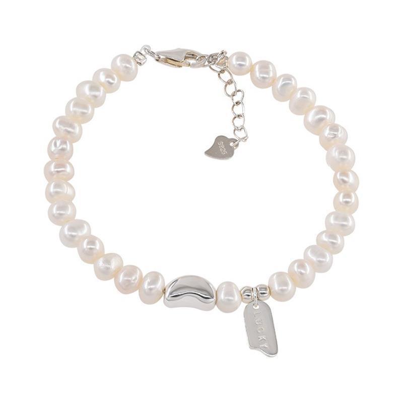 Sterling Silver Personalized Pearl Bead Bracelet for Women - Simple, Fashionable, Stackable Geometric Hand Jewelry.