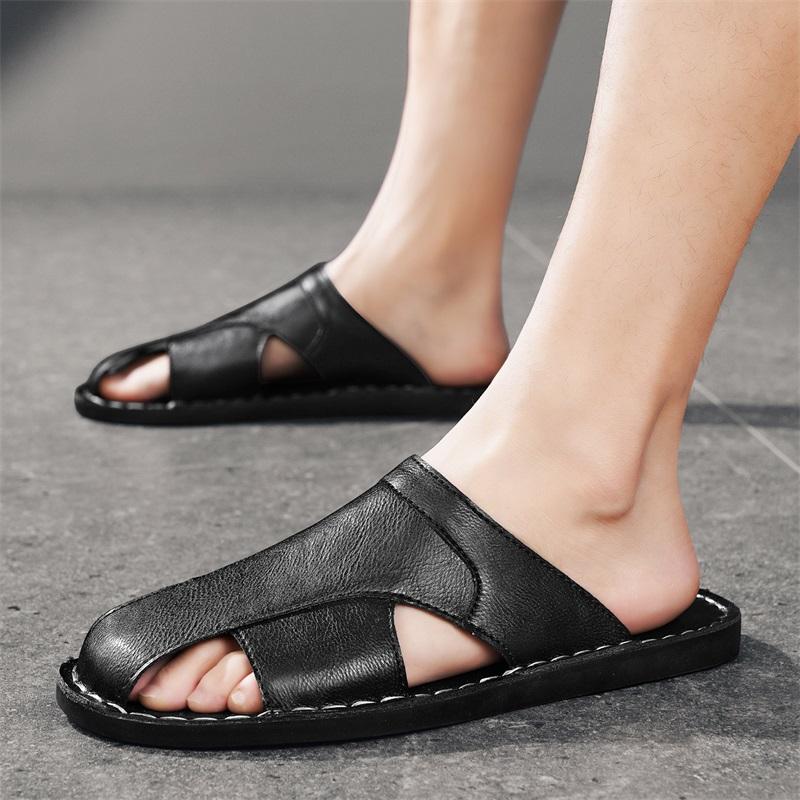 Men Slippers Handmade Simple Flats Brown Leather Sandals Black Summer Roman Sandals Closed Toe Beach Shoes Plus Size