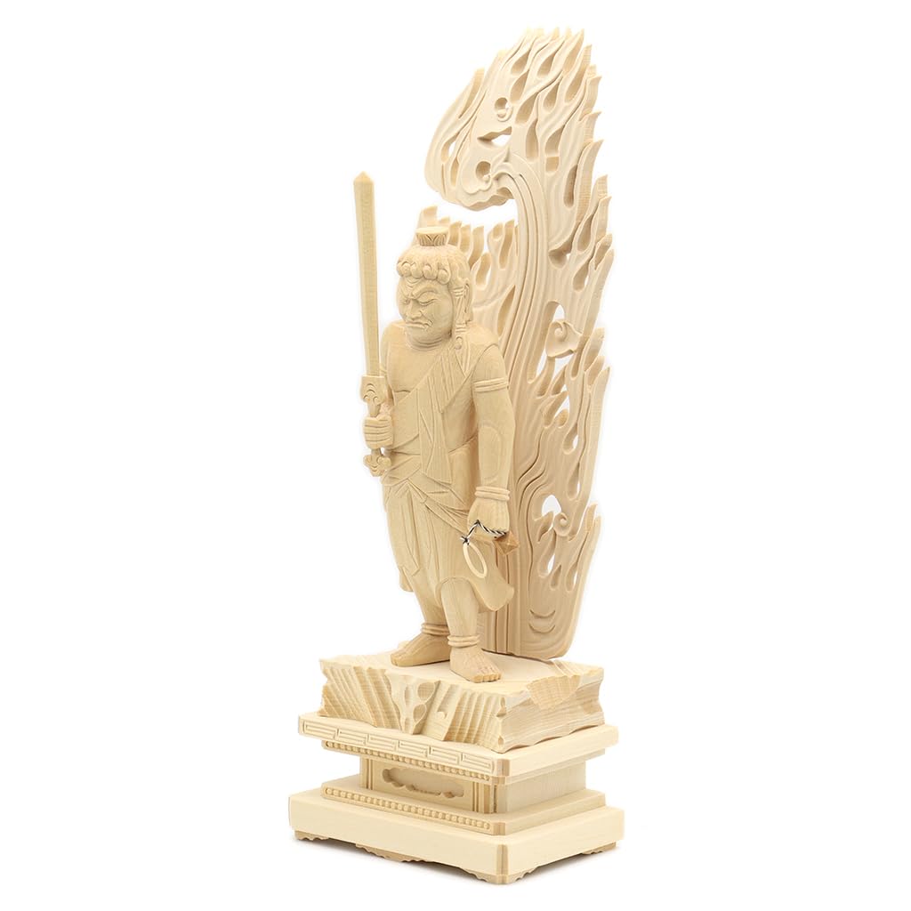 Special Buddhist Statue Standing Acala inches height width 12 depth Cypress Wood Carving with Flame Halo and Square Rock 1129 Kurita's [Myo-o] Statue,