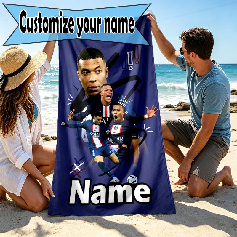 Personalisierbares Strandtuch mit Kylian Mbappe Aufdruck und individuellem Namen, für Reise Camping Strandparty Heimdekoration, Geburtstagsgeschenk für Familie & Freunde
