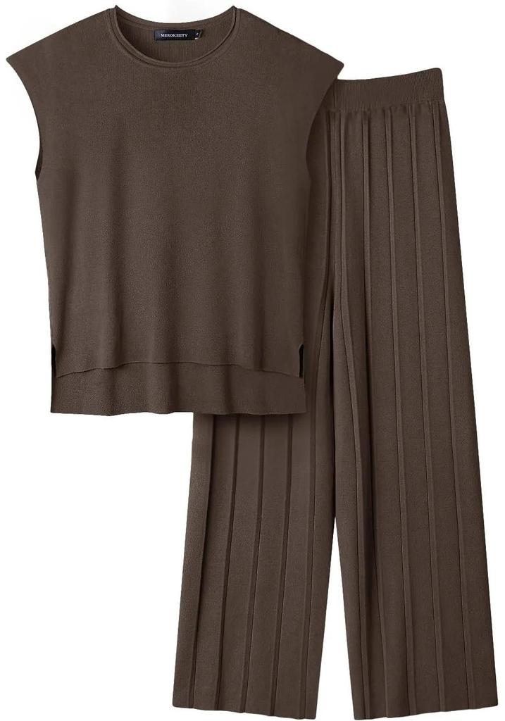 2026 Solid Color Knit Set: Sleeveless Top & Wide-Leg Crop Pants, Slim Fit, Round Neck