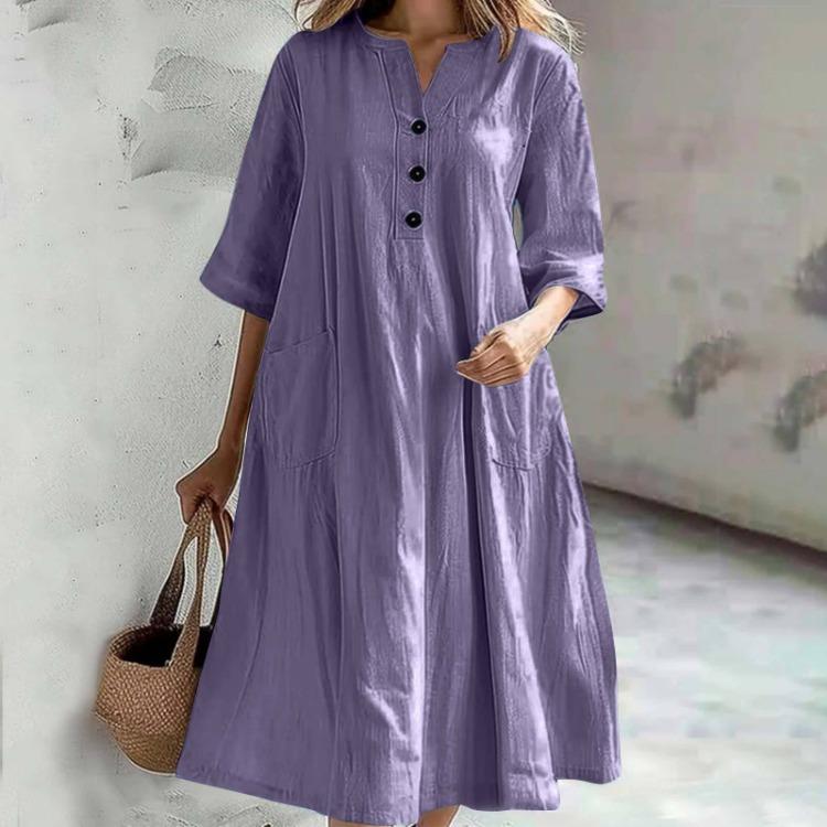 Casual Comfortable Women Loose Fit V Neck Half Sleeve Cotton Linen Dress Mid Length Three Button Pocket