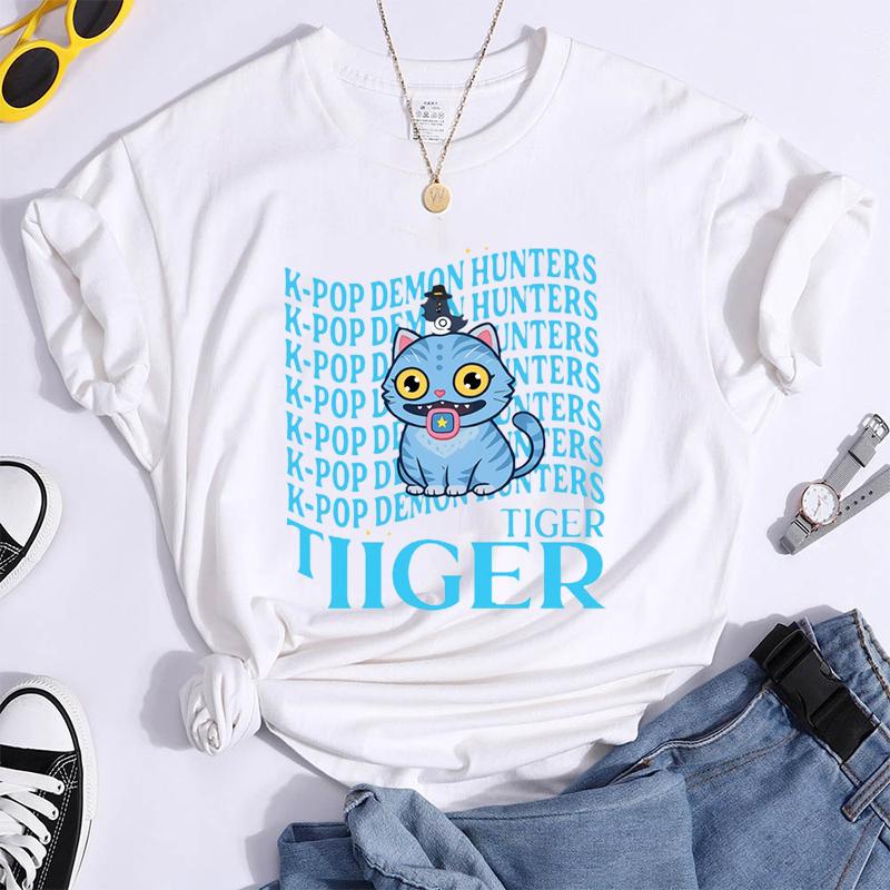 Hot K-Pop Demon Hunters Funny Summer T-Shirt Harajuku Saja Boys Derpy Tiger Print Fashion Short Sleeve Summer Casual T-Shirt Top