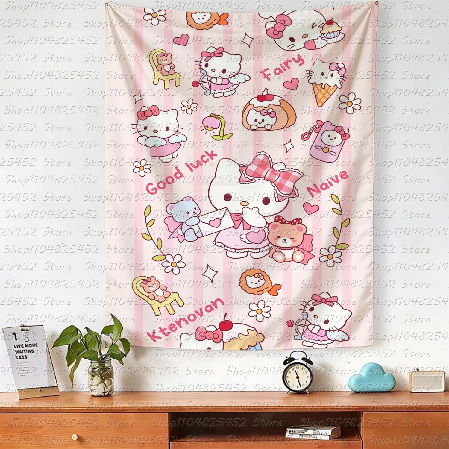 Kawaii hello Kitty Home Decor Wall Hanging Tapestry Cute Home Decor Tapestry Anime Pink Girl Tapestry Cute Girl Tapestry 74x94cm(29x37in)