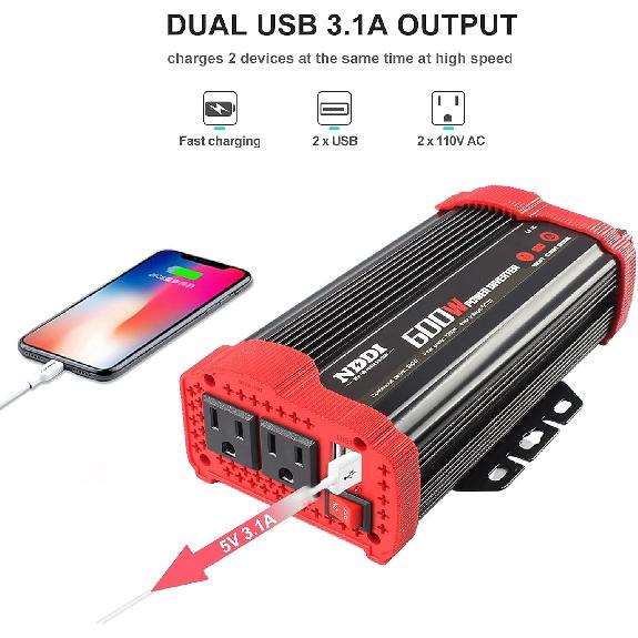 600W Car Power Inverter 12V DC To 110V AC Converter With 3.1 A Dual USB Quick Car Charger Adapter For Laptops And Smartphones