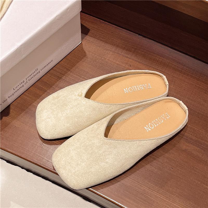 

Баотоу полутапочки женские уличные 2025 новые весна и лето квадратный носок замша легкий вырез мягкие низкий каблук тапочки плоский каблук обувь 35 бежевый