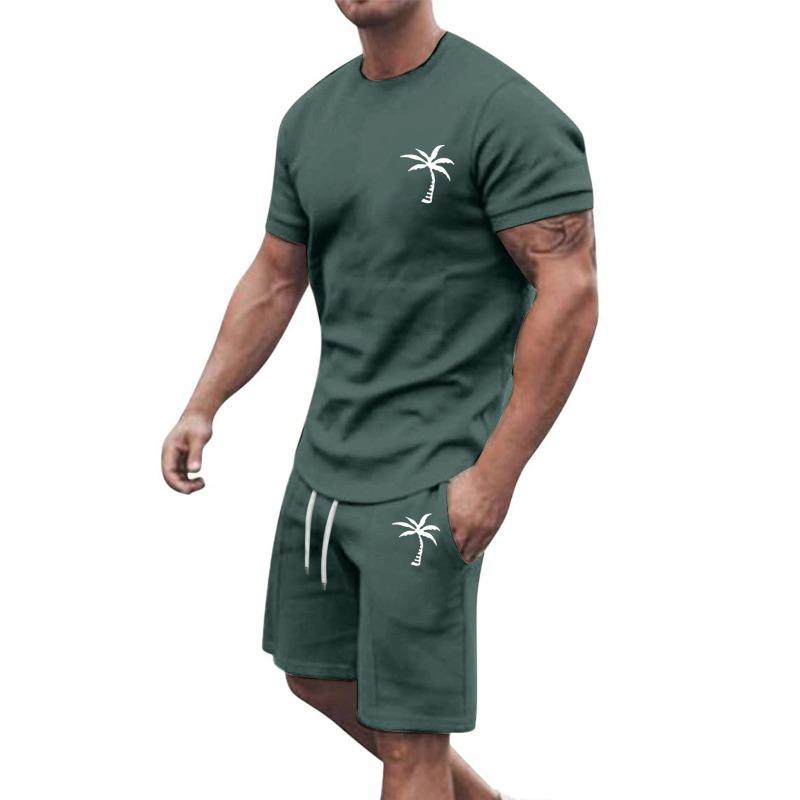 

Mens Casual Palm Tree Print Short Sleeve T Shirt And Drawstring Shorts 2 Piece Set S зелёный