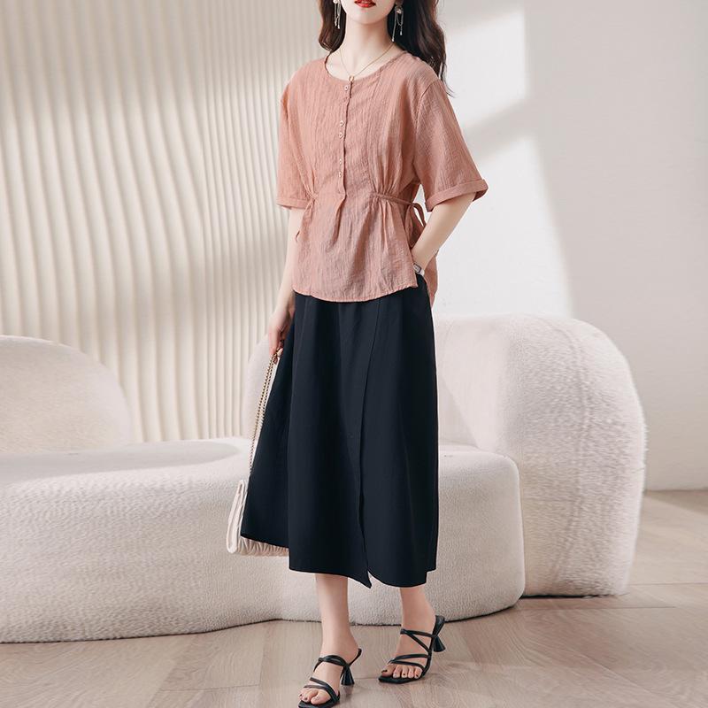 

Летний модный комплект из блузки из тенселя и юбки миди для женщин - Омолаживающий, Повседневный, Свободного кроя L