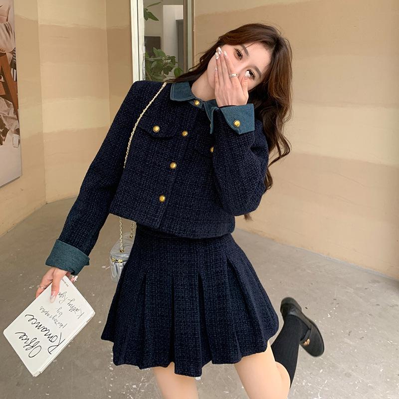 

Женский осенний джинсовый лоскутный комплект: Черный жакет и юбка миди, комплект из двух предметов Extra Large темно-синий