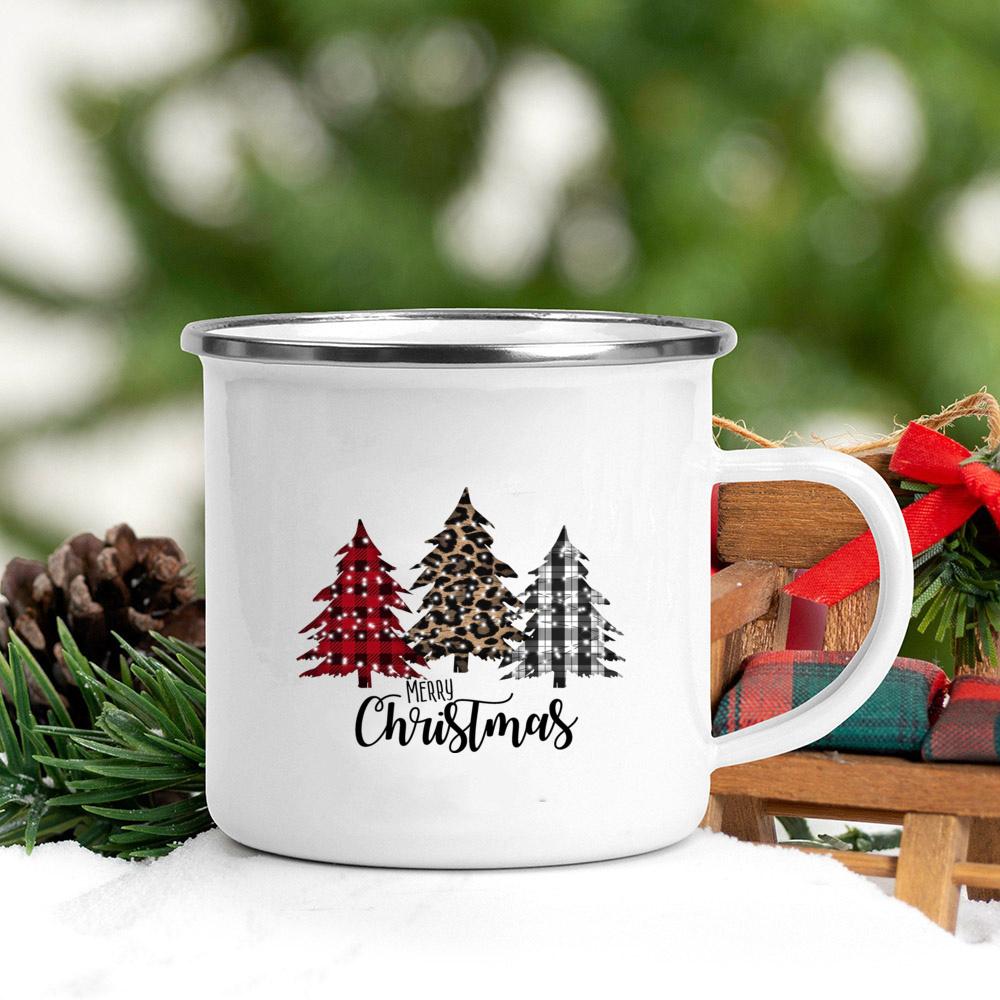Christmas Tree Deer Truck Print Enamel Mugs Coffee Cups Christmas Party Dessert Hot Cocoa Chocolate Cup Gifts for Friends Family