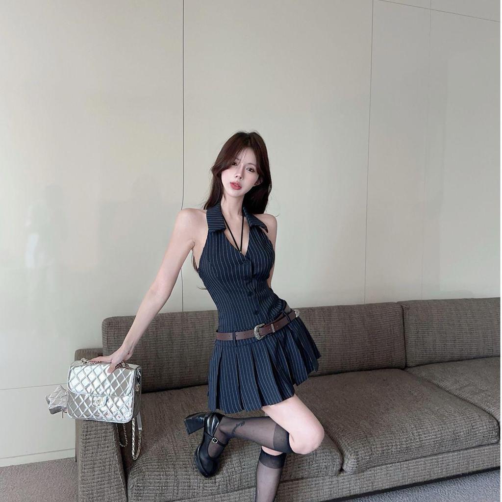 Women's Summer Striped Halter V-neck Backless Dress with Waist-cinching Blazer and A-line Pleated Skirt