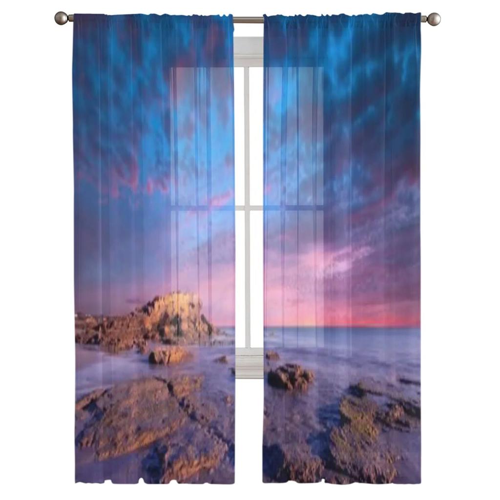 Gorgeous Sunset Over Rocks Tulle Curtains For Living Room Sheer Curtain Bedroom Veil Organza Decorative Window Treatments