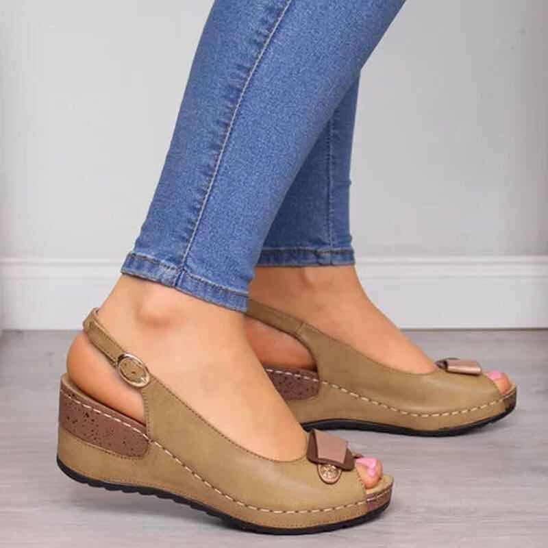 European American Plus Size Wedge Sandals - Thick Sole, Open Toe, Single Strap Buckle, Summer Outdoor, Size 43