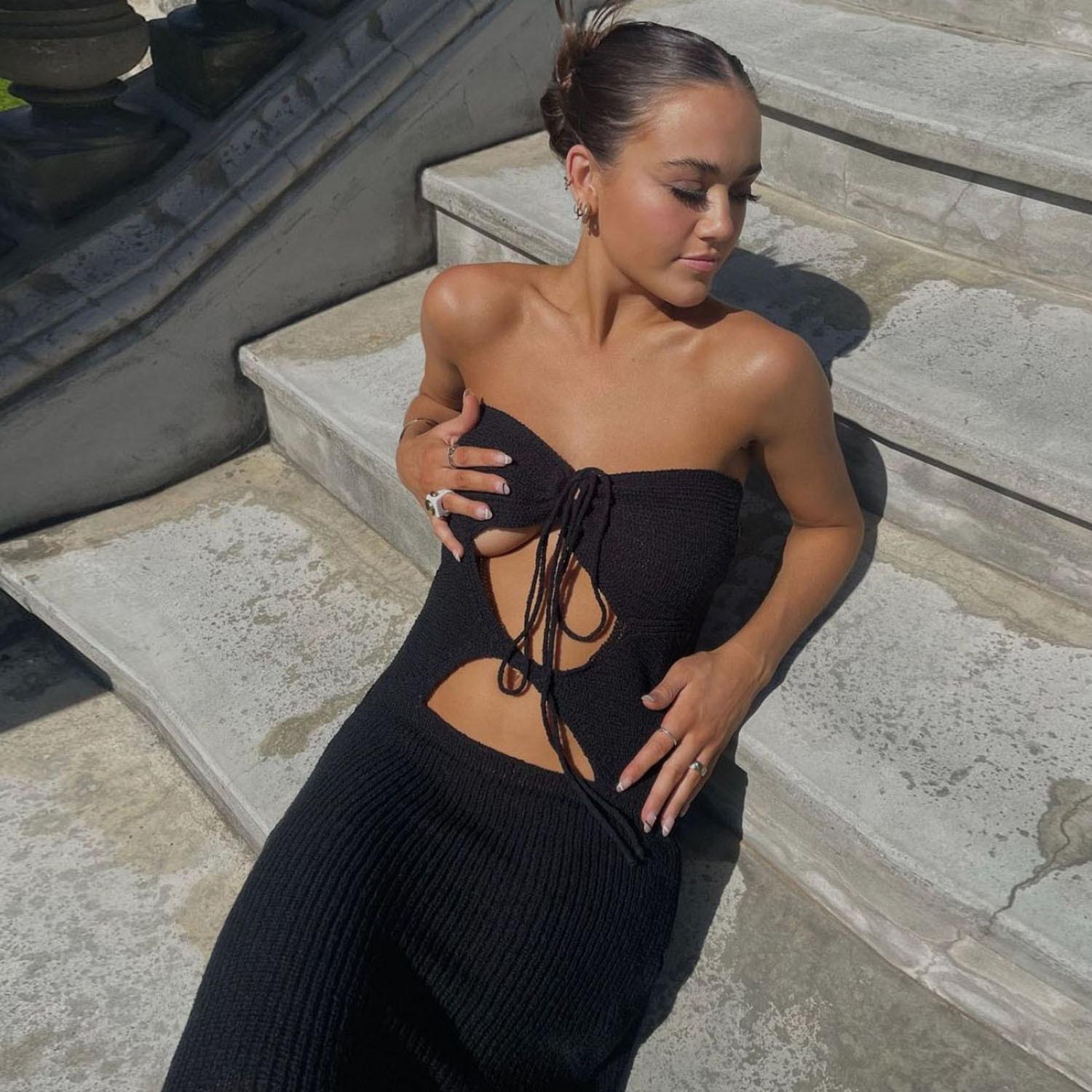 

Женские вязаные длинные свитера без рукавов, летнее сексуальное платье макси с открытой спиной и вырезами XL чёрный