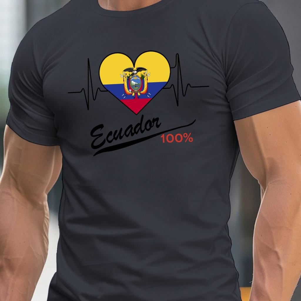 Ecuador Flag Heartbeat Love Mens Graphic Cotton Crew Neck Short Sleeve T Shirt Casual Summer Tee