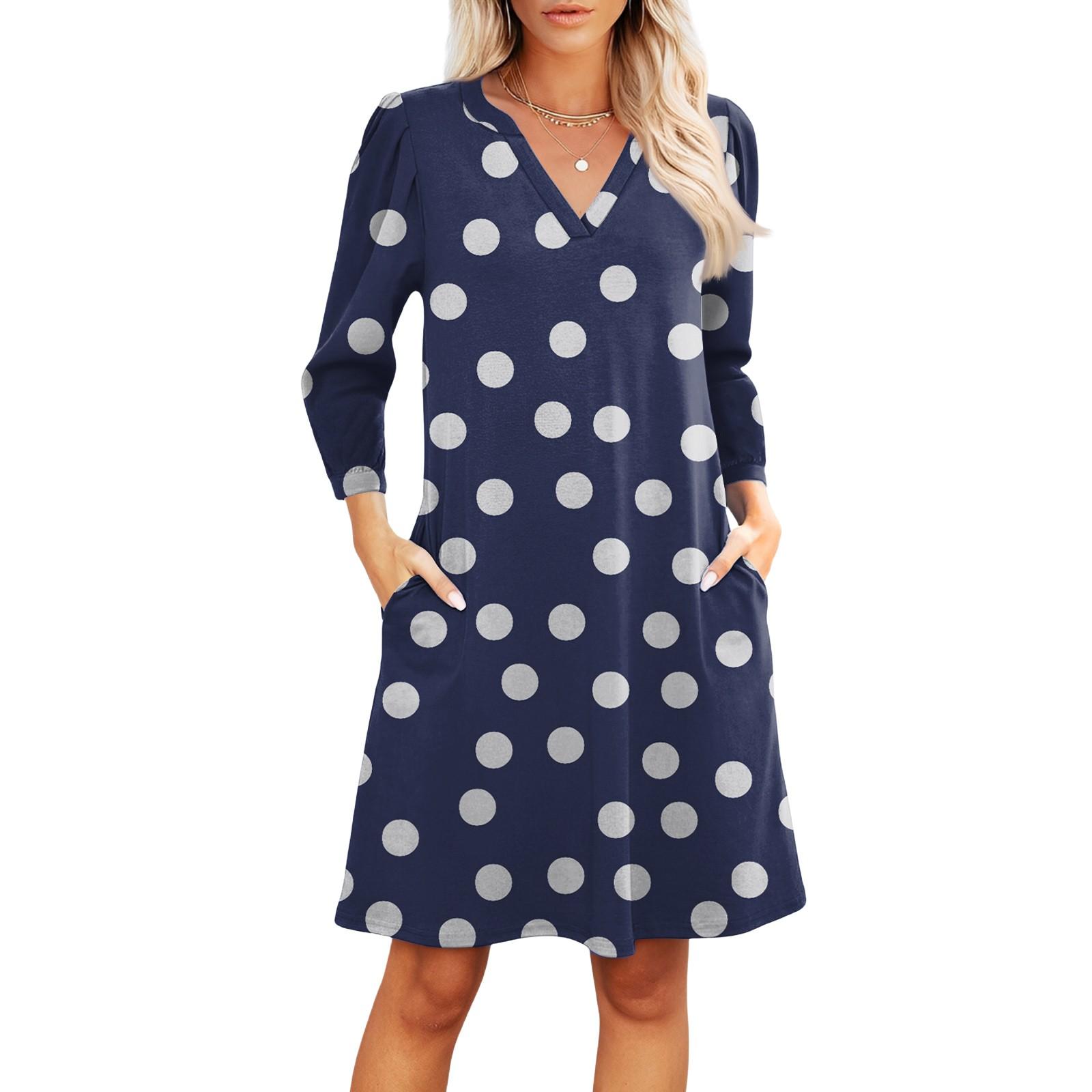 

Женское модное платье с V-образным вырезом, повседневное пляжное платье с рукавами три четверти и принтом в горошек L