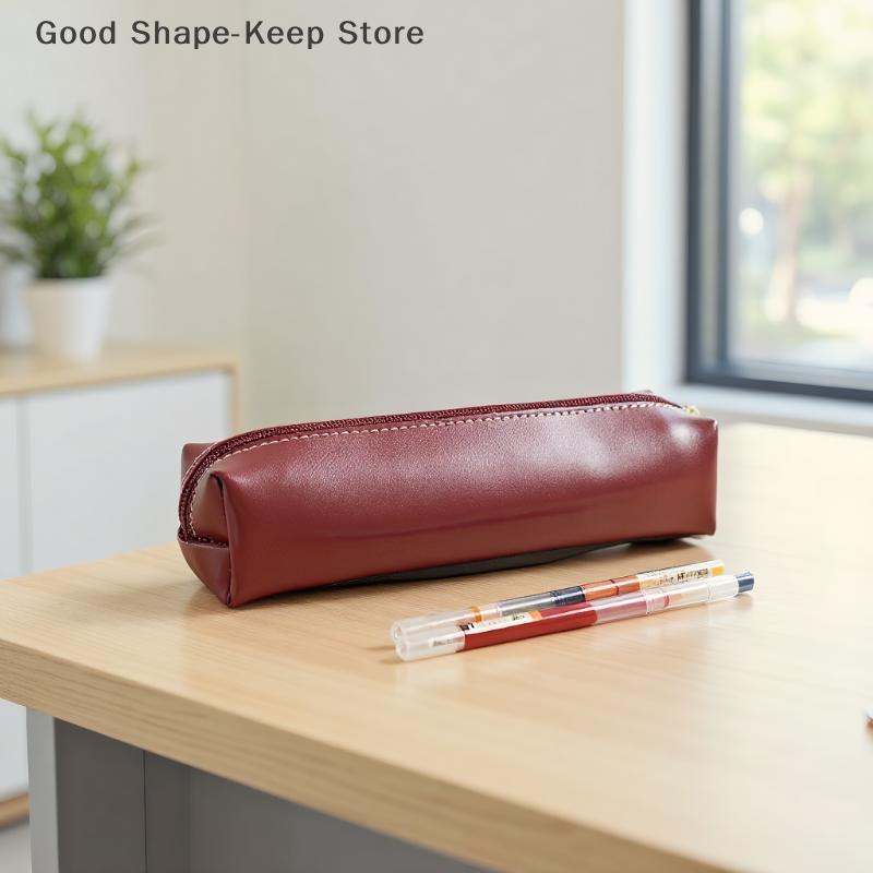 Simple PU Leather Pencil Case Small Portable Makeup Brush Storage Bag Large Capacity Stationery Box for Students School Supplies