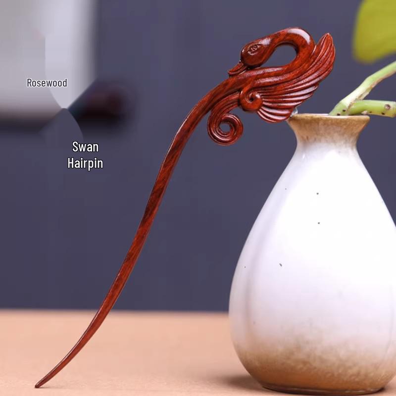 Red Sandalwood Women's Retro Hanfu Hairpins: Hollow Carved Moon Rabbit Wooden Ornaments