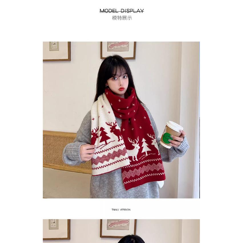 Christmas Reindeer Scarf New Red Unisex Winter Couple Style Versatile Fashionable Mid-Length Knitted Wool Neck Warmer