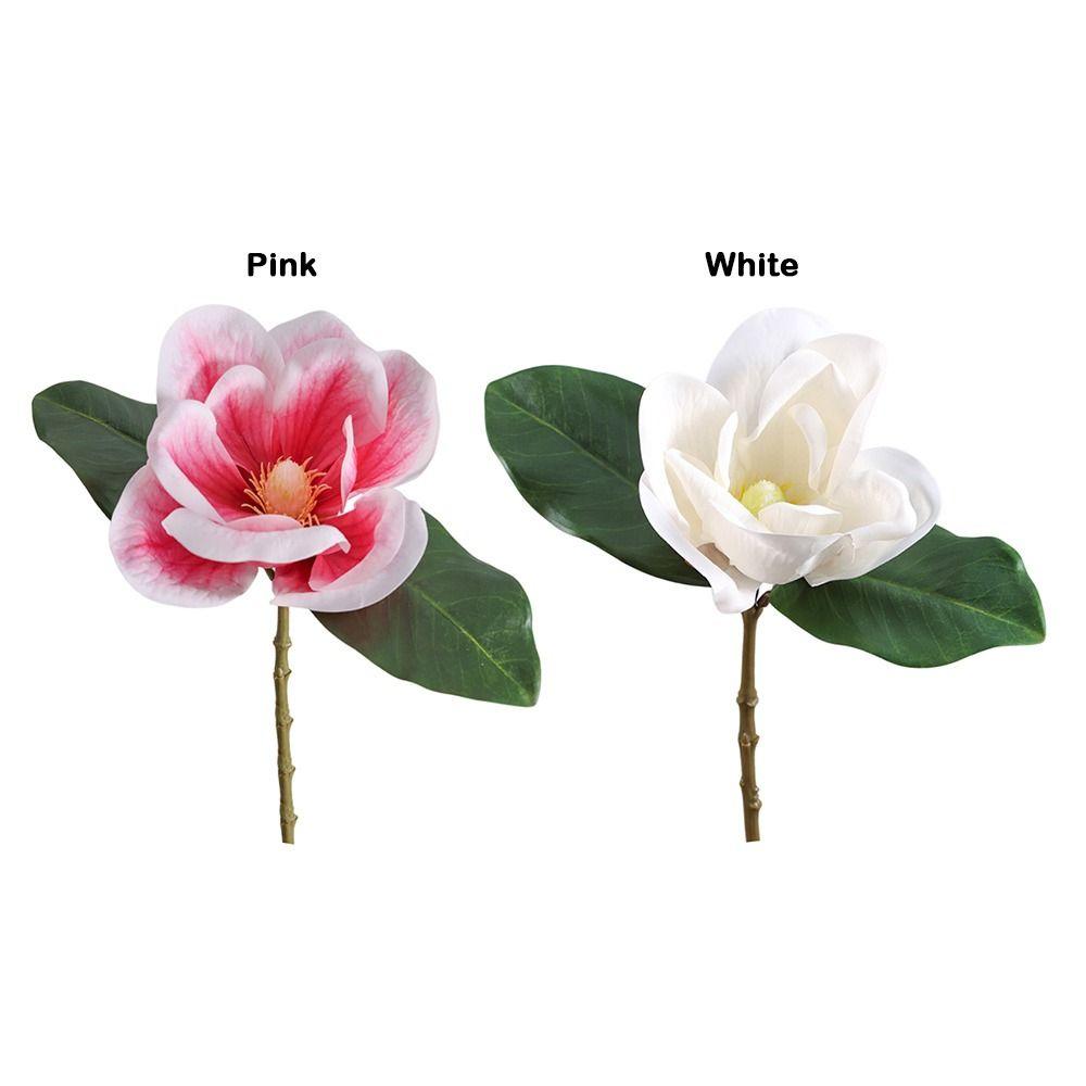 Creative White Pink Artificial Magnolia Flower Green Leaves Luxury Design Faux Flower Real Touch Real Touch Flower Home Decor