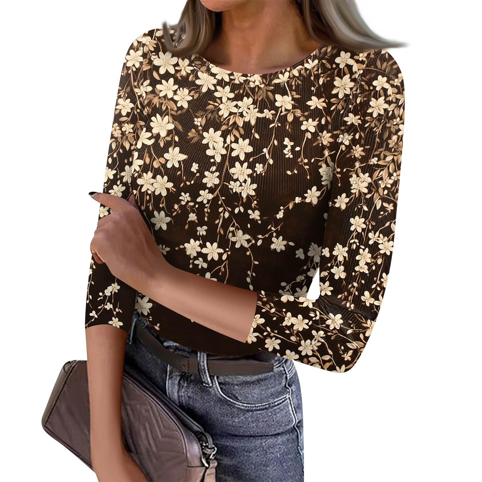 

Женская футболка с зауженным низом, модный повседневный пуловер с круглым вырезом и принтом, топ с семью рукавами S кофейный