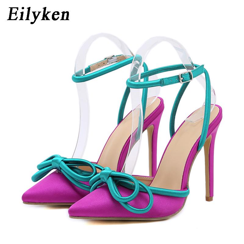 Fashion Eilyken 2025 New Arrival Silk Pumps Woman Ankle Buckle Strap Pointed Toe Hih Heel Sandal Sexy Party Nightclub Wedding Shoes