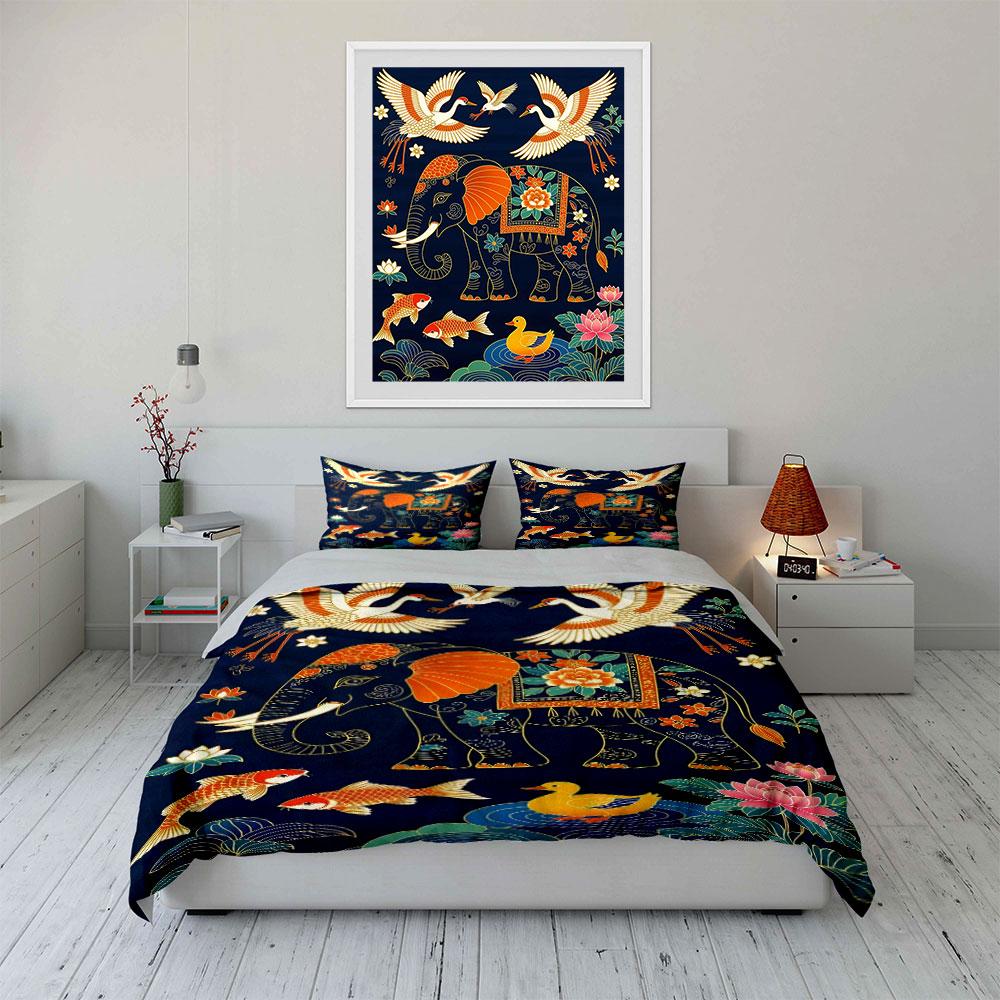 Elephants, cranes, koi fish. Bedding sets Duvet cover sets Duvet covers Pillowcases(1* Duvet Cover 2* Pillowcases without duvet insert)