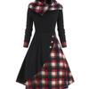 Damen Karo Patchwork Kapuzen-Stehkragen Langarm Midi A-Linien Kleid