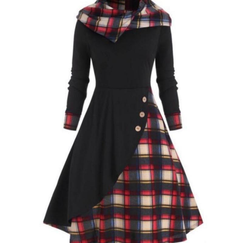 Damen Karo Patchwork Kapuzen-Stehkragen Langarm Midi A-Linien Kleid