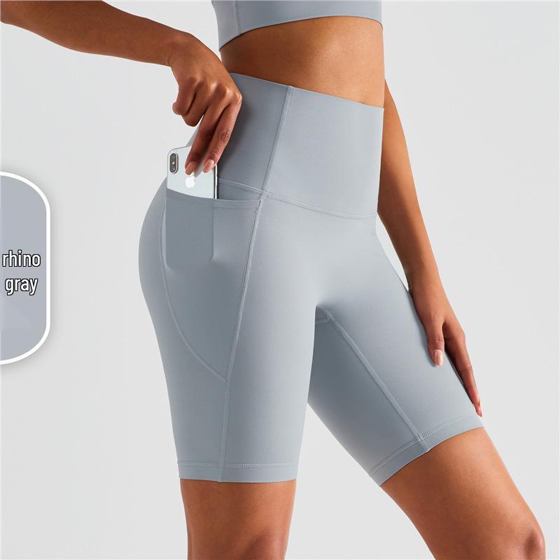 Pantaloncini da Yoga a Vita Alta Color Pesca con Tasche – Senza Cuciture, Vestibilità Comoda per Donna
