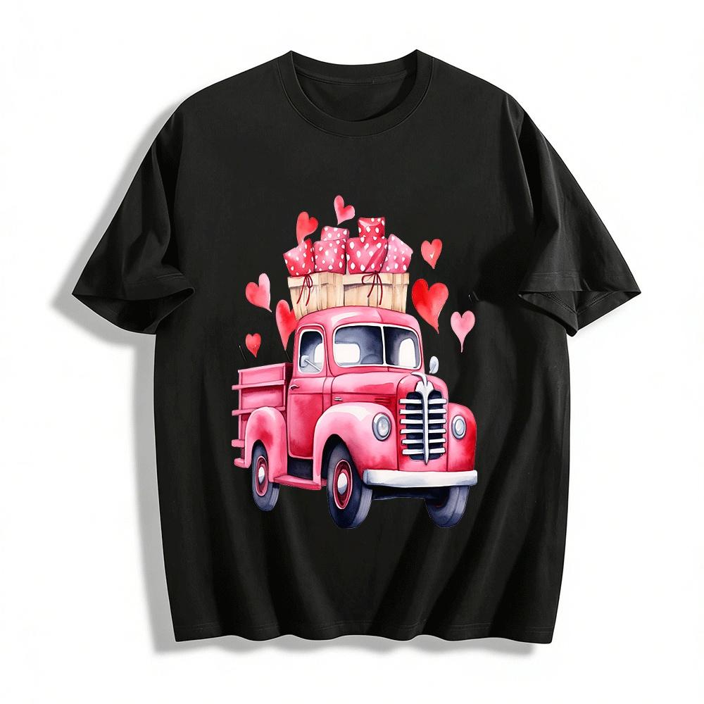 Vintage Red Heart Gift Truck Print Valentine s Day Casual Top Pure cotton T-shirt XXS