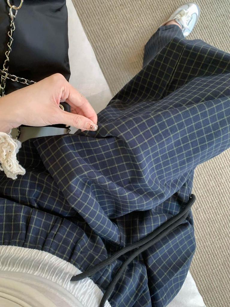 Women's Retro Plaid Wide-Leg High Waist Pants - Spring Casual Loose Fit