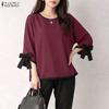 Women Casual Round Neck Solid Color Loose 3/4 Sleeve Blouse
