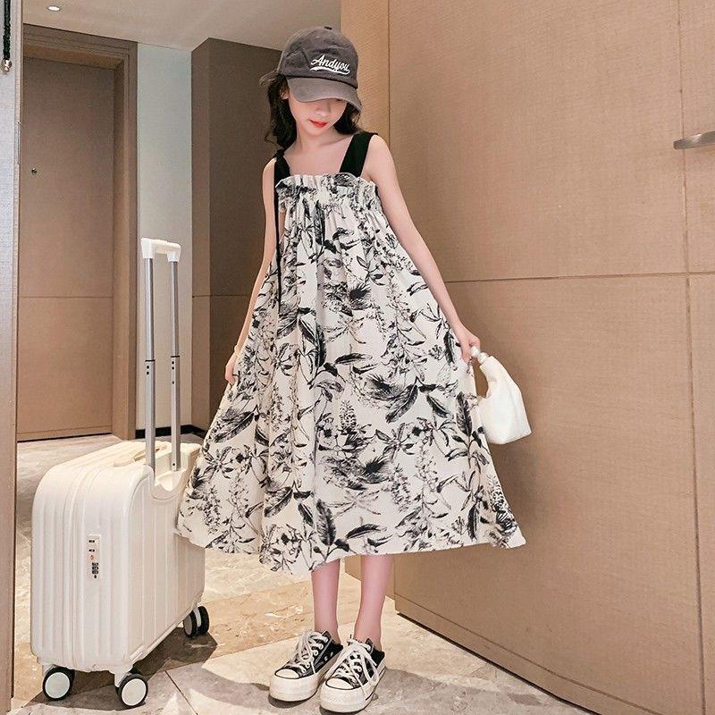 Girls Dress Kids Sleeveless Vintage Ink Painting Princess Casual Party Wear