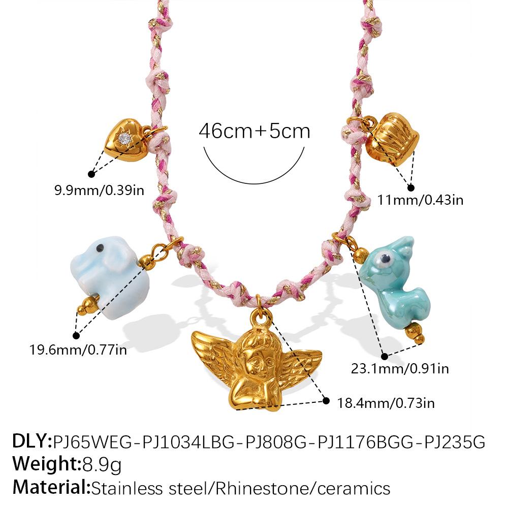 Pink rope bear strawberry necklace butterfly love diamond set sweet and cool niche neck chain bracelet set