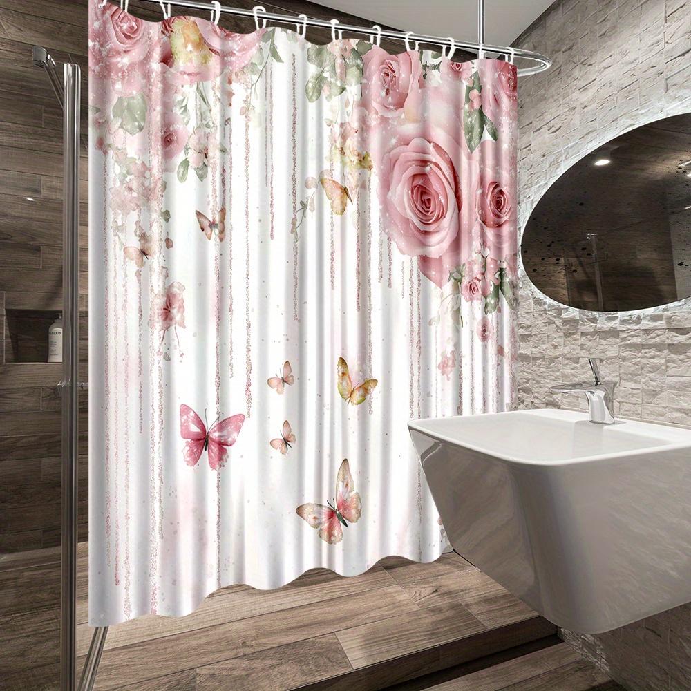 1Pc Floral Rose And Butterfly Shower Curtain, Elegant Pink Roses And Butterflies Print For Bathroom And Patio Decor, Romantic