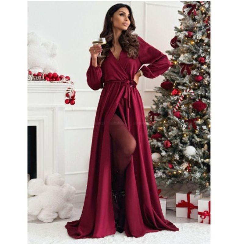 

European and American Spring V-neck Wine Red Fashion Elastic Waist Lace-up Split Long sleeve dress Long dress Christmas Formal Dress Women Burgundy 2XL