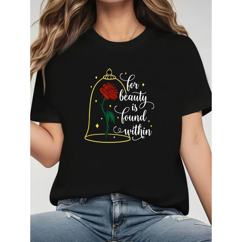 

Round Neck T-Shirt - Romantic Rose Flower Print Short Sleeve Blouse, Machine Washable Casual Comfortable Casual Attire Suitable for Dates S чёрный