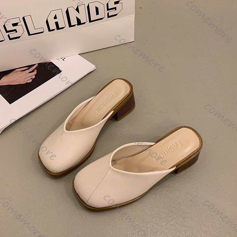 Fashion Comemore Woman Women Slip On Mules Baotou Slippers Casual Spring Summer Chunky High Heels Square Toe Solid Half Slipper Sandal