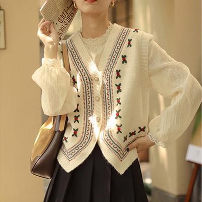 Vintage V-Ausschnitt bestickte Strickweste Damen Herbst ärmellose Pullover Strickjacke Weste Strickoberteil