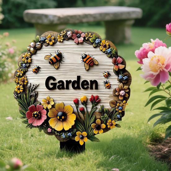 Wooden Decorative Garden Stake, Farmhouse Rustic Flower Butterfly Bee Ladybug Yard Art, Welcome Sign for Outdoor Yard Lawn Patio Pathway