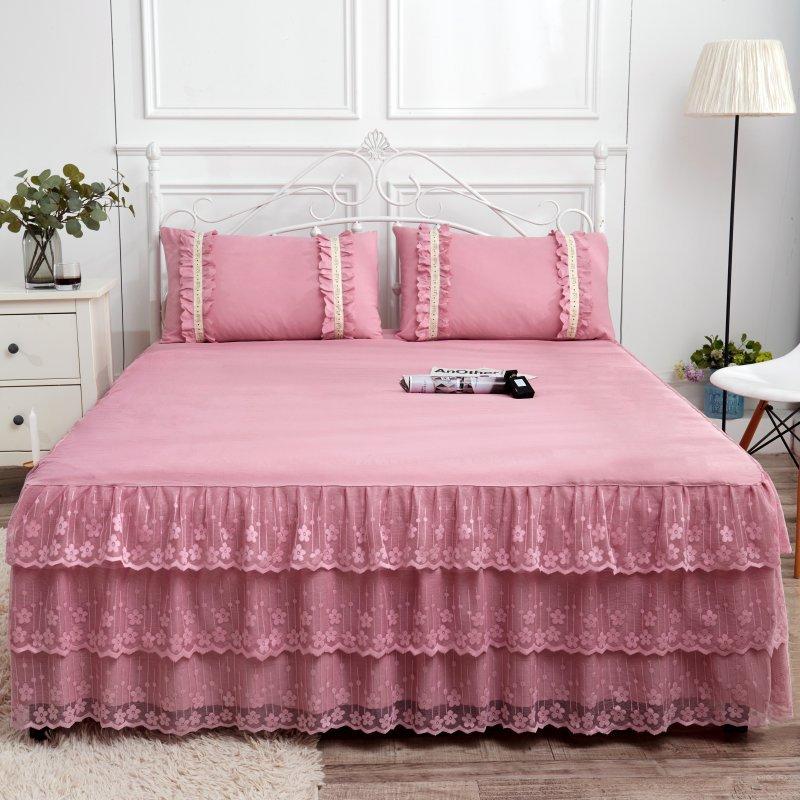 3pcs Set European Romance Lace Bed Skirt Soft Brushed Fabric Bedspread Princess King Queen Size 1pc Bed Skirt +2pccs Pillowcase