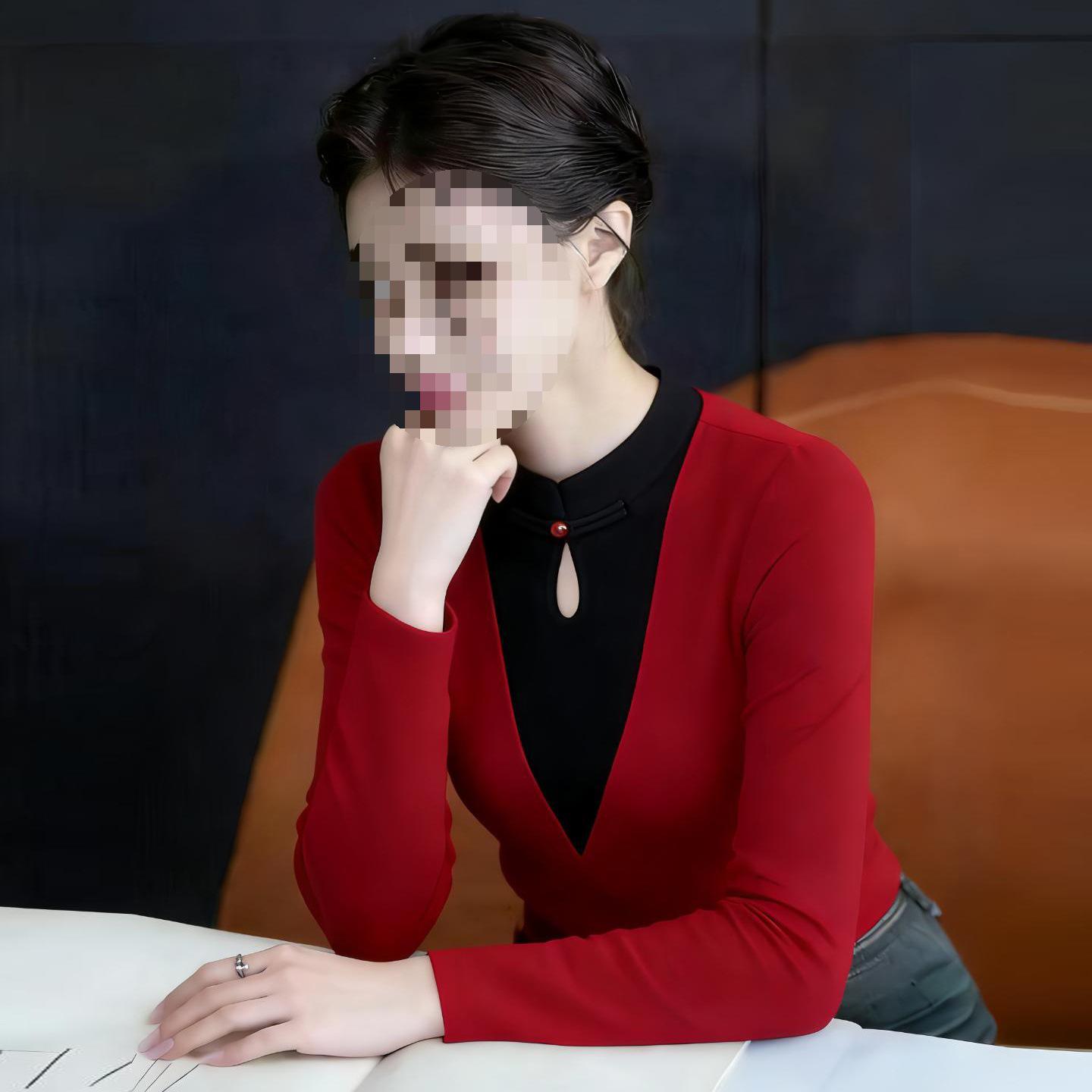 

New Chinese Style Frog Button Patchwork Long Sleeve Women s T-Shirt - Festive Red Elegant Base Layer for Early Spring 3XL [130-145 kg] червоний