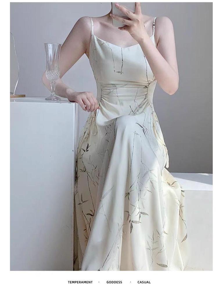 Chinese Ink Bamboo Print Spaghetti Strap Fairy Mori Girl Slimming Summer Dress