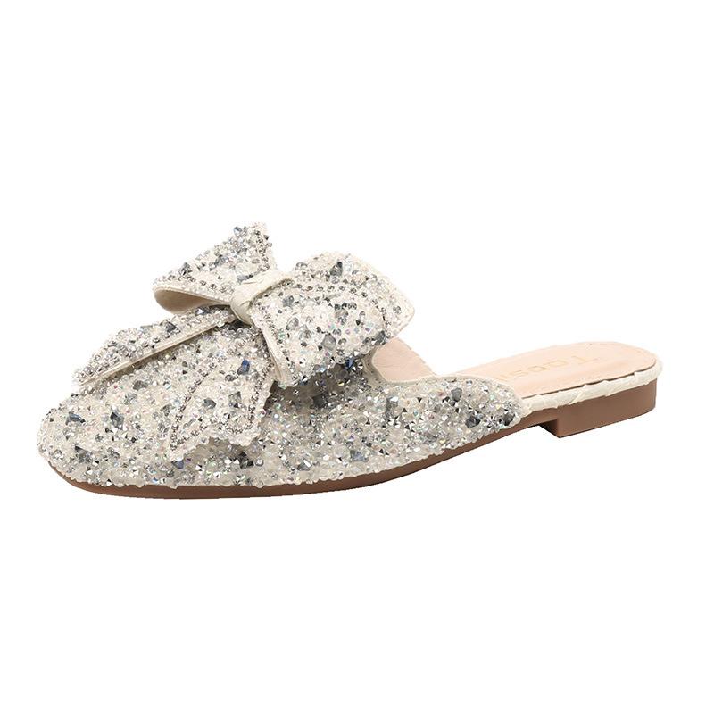 Fashion Plus Size 42/43 Glitter Sequins Shoes Woman Butterfly-Knot Slides Flat Low Heels Mule Ladies Comfy Slippers Crystal Sandals 2025