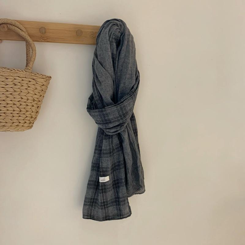 Korean Retro Grid Scarf Women's Autumn New Cotton and Linen Long Style Shawl Scarf